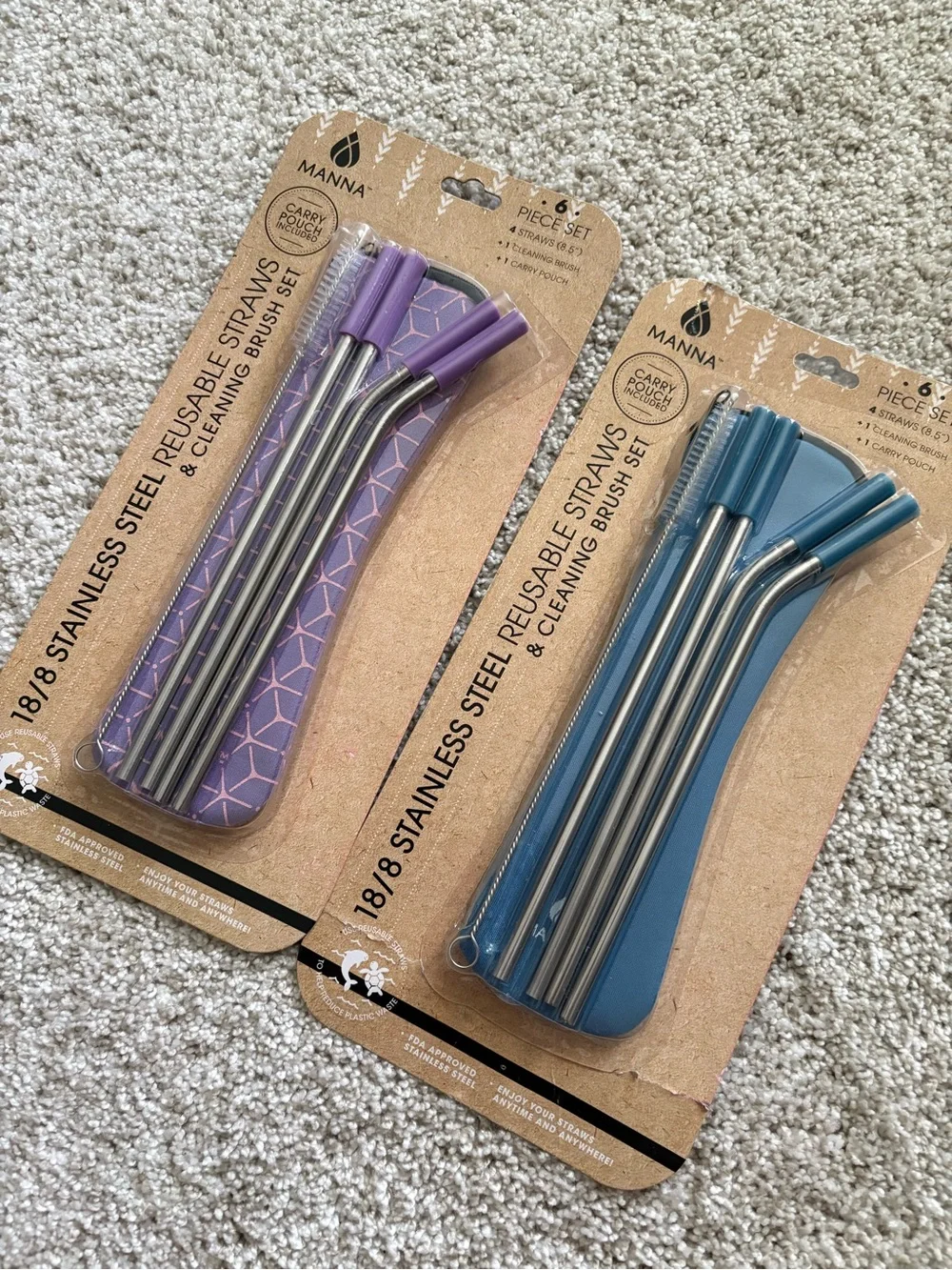 New Manna 2 sets stainless steel reusable 8.5” straws & cleaning brush